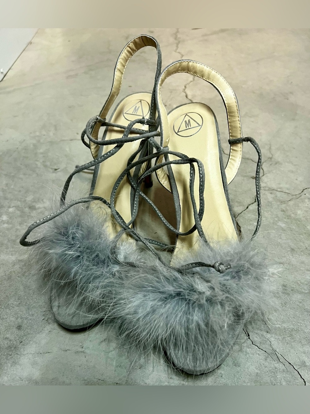 Grey Marabou Slingback Heels with Ankle Tie